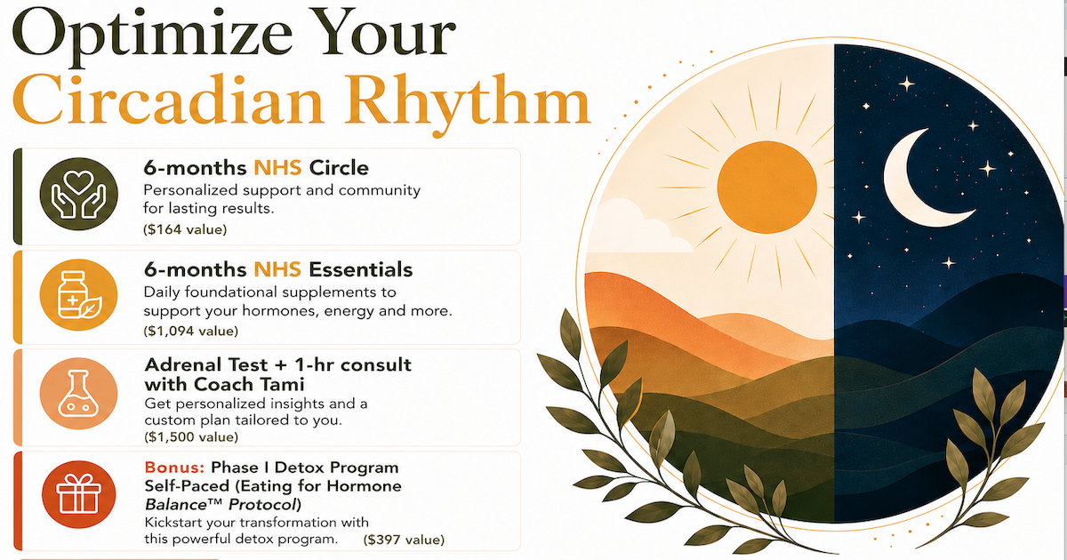 Banner promoting circadian rhythm optimization with a day–night circle and four NHS program options (Circle, Essentials, Adrenal Test with consult, Detox Bonus).