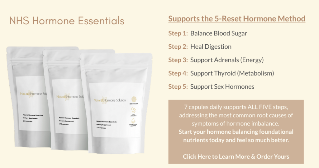 NHS Hormone Essentials promo showing three silver resealable pouches on the left and a five-step hormone balance plan on the right.